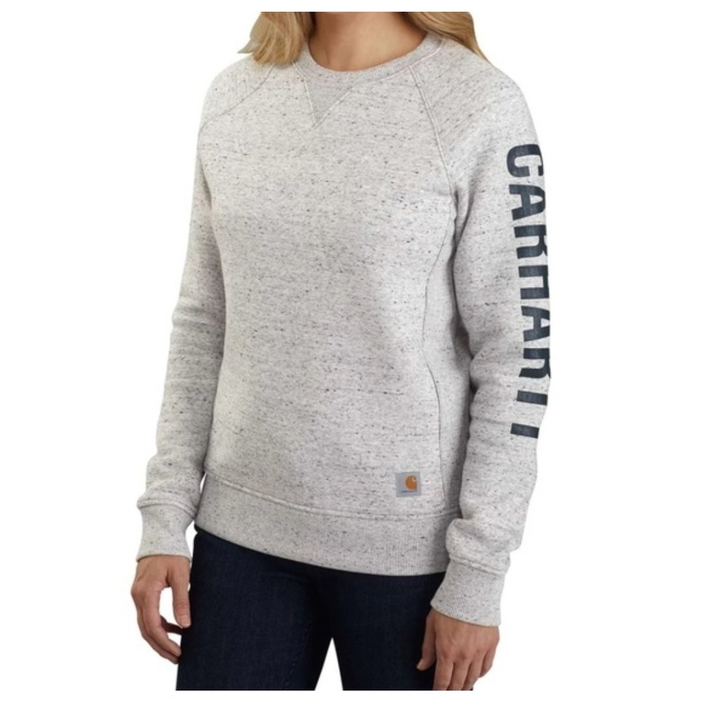 Carhartt Heathered Gray Sweatshirt Spellout Sleeve Women Med 8-10 Cozy Comfort